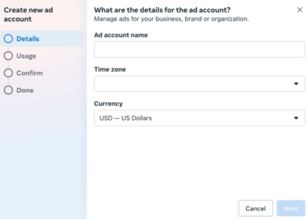 Typing account details in Facebook Ad Manager