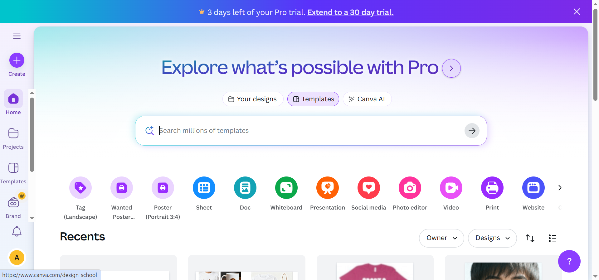 Home page di Canva