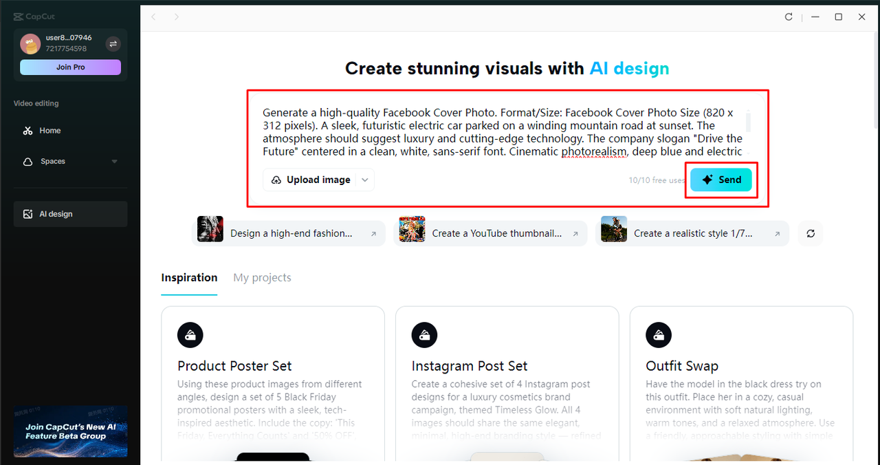 Generating a Facebook cover photo in the CapCut desktop video editor