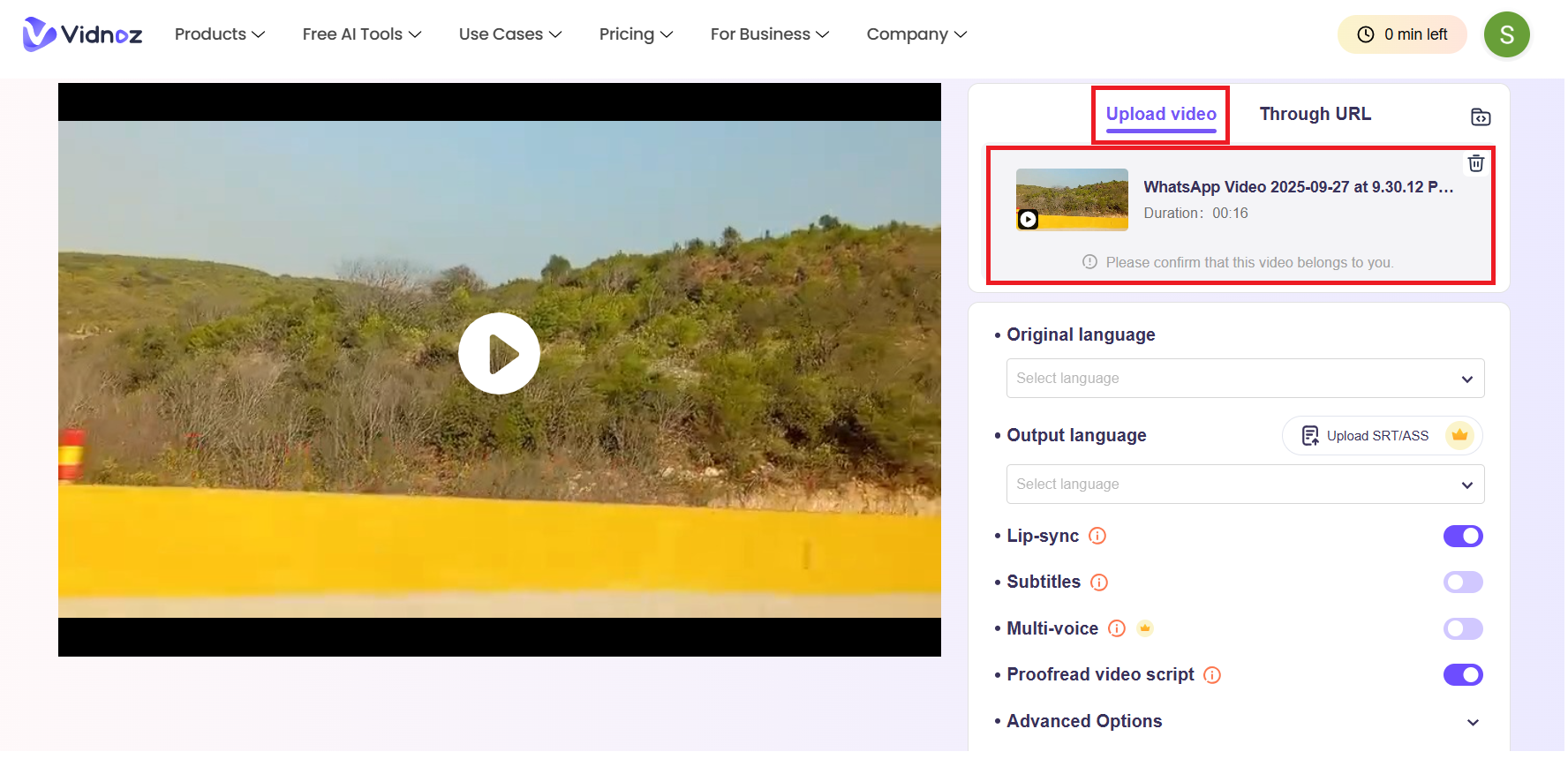 Vidnoz AI video translator platform showing video upload and language selection options