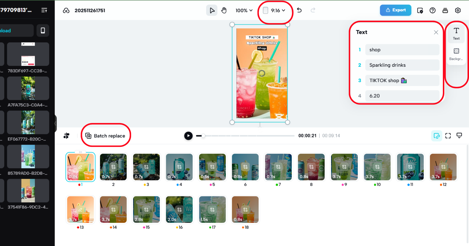 CapCut template video with 9:16 ratio and text layers for 'shop,' 'Sparkling drinks,' and 'TIKTOK shop