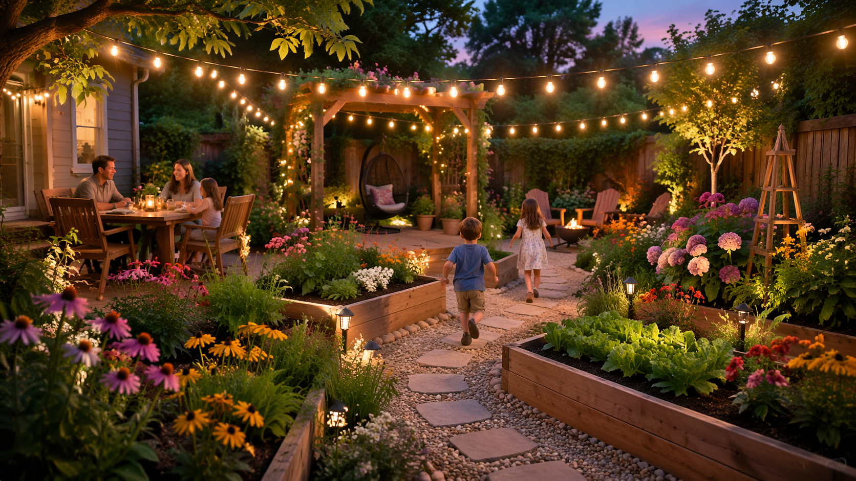 Dreamina giardinaggio idee prompt esempio 6: Famiglia cortile giardino