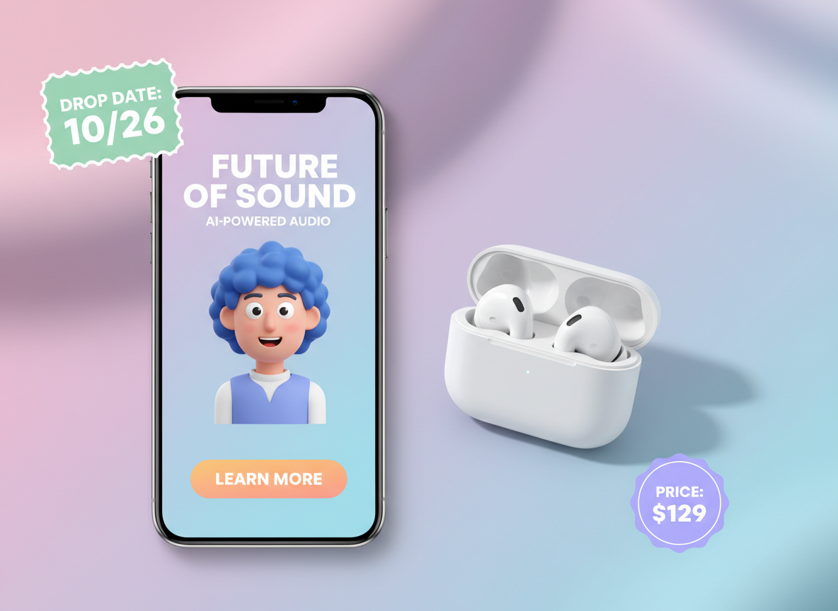 AI avatar narrates wireless earbuds launch; product shot on pastel backdrop with bold captions and CTA on smartphone screen.