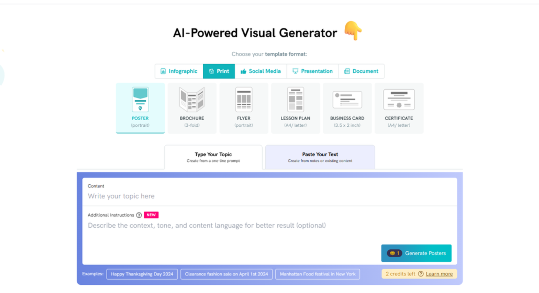 Interfaz de Piktochart: una herramienta fácil de usar para crear pósteres con IA.