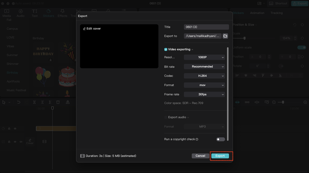Export your video with font and color generator in CapCut