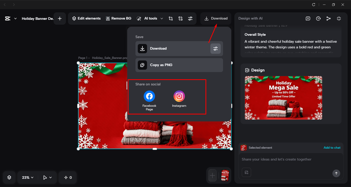 Downloading the sale banner from the CapCut desktop video editor