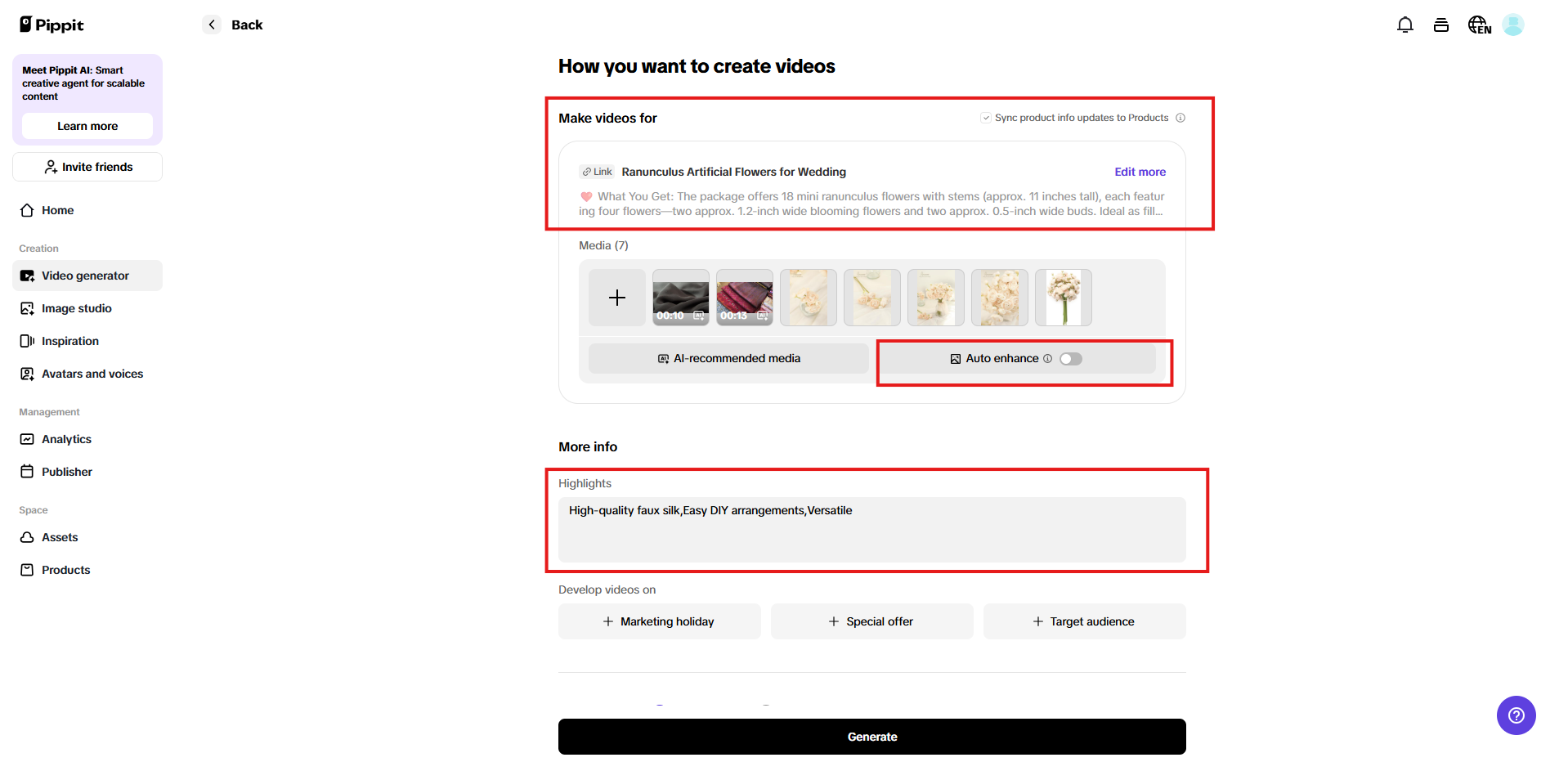 Video generating interface