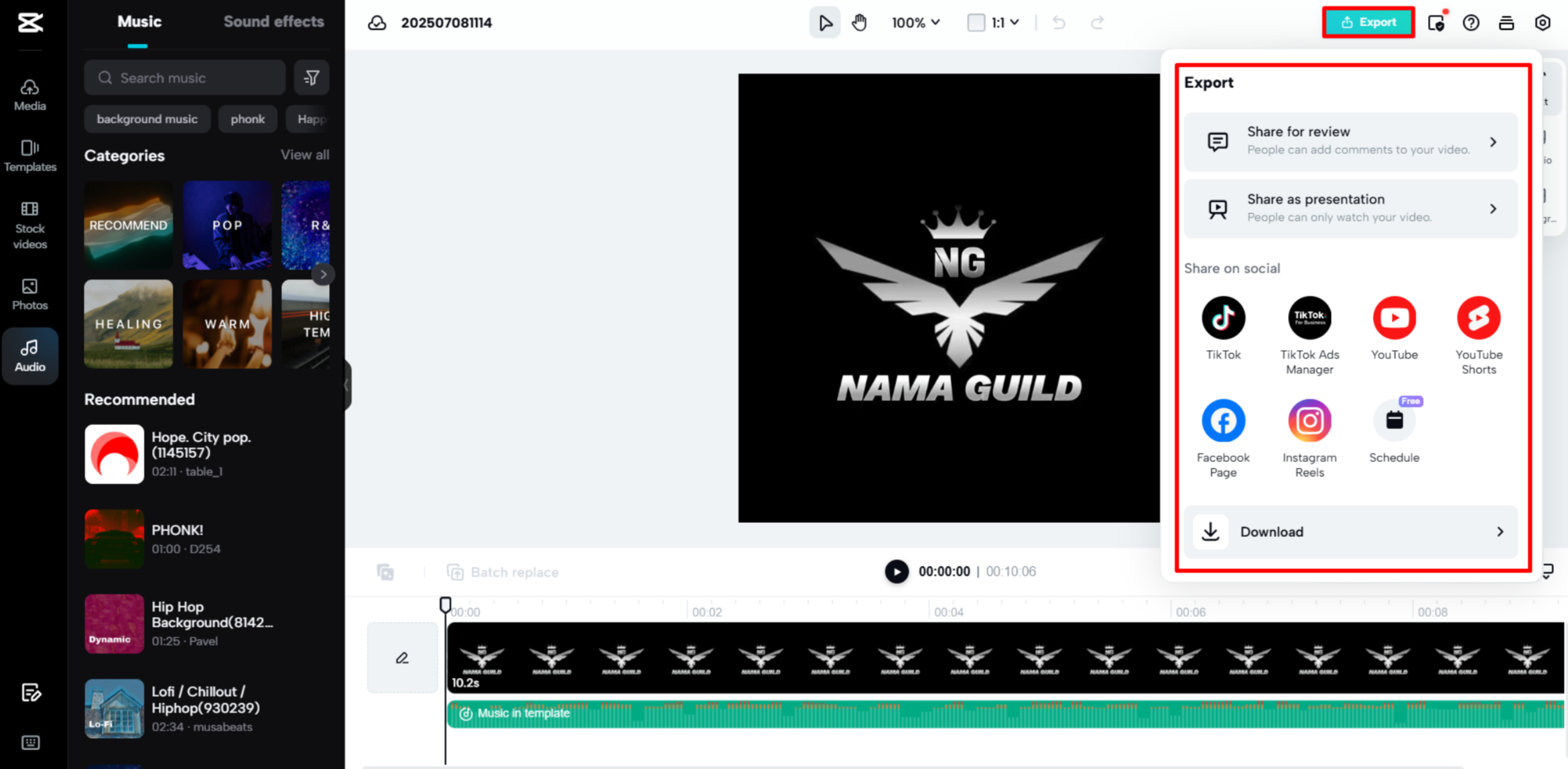 Exporting your logo template from the CapCut Web