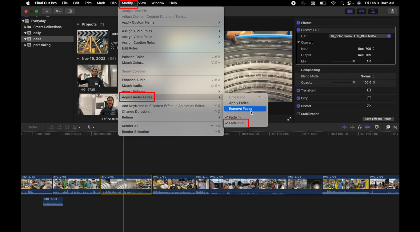 Угасание звука в Final Cut Pro с помощью меню изменения