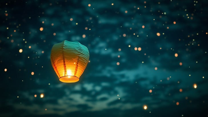 Floating objects in a glowing dreamlike sky