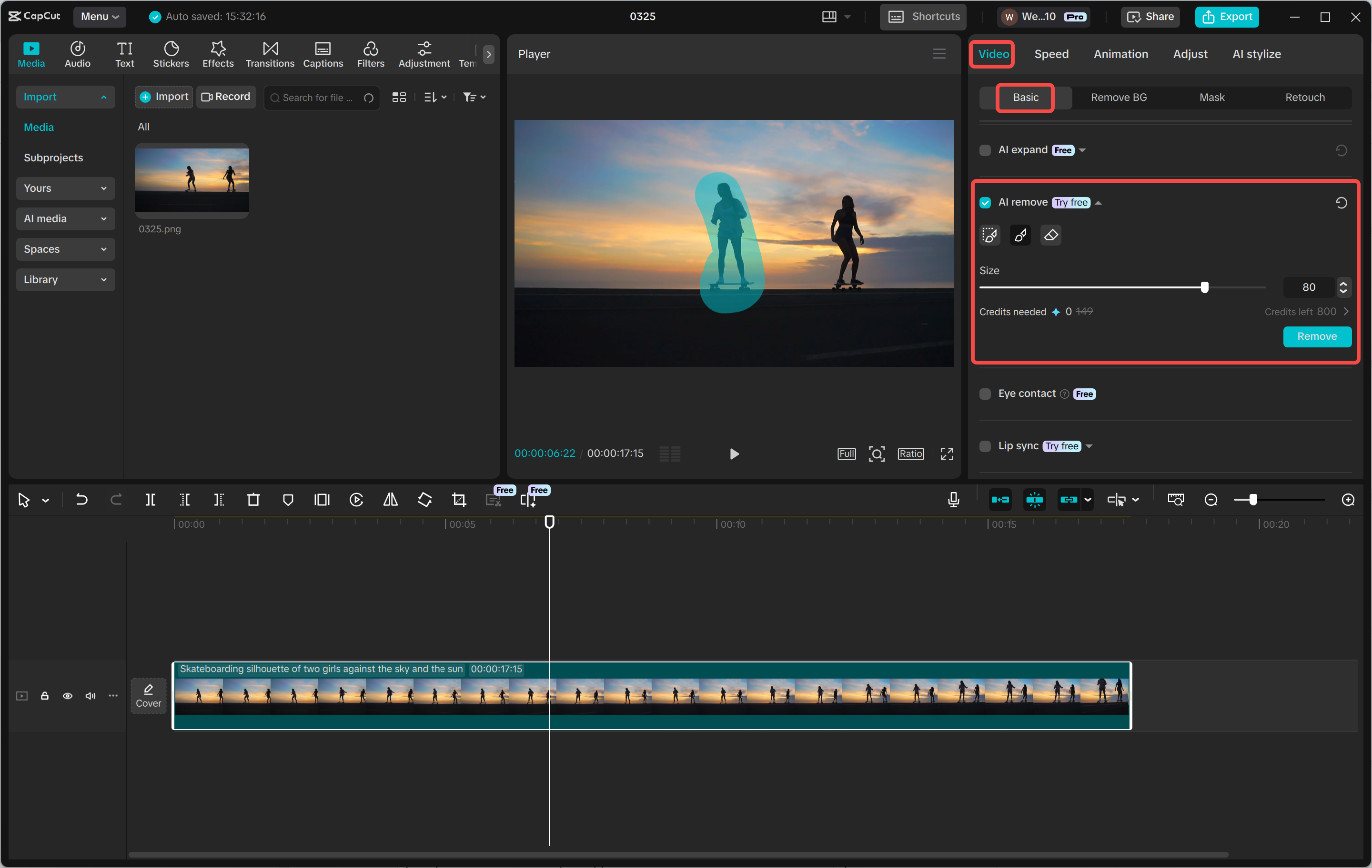 CapCut AI remove panel beside a skateboard video preview, with a person masked in cyan and the Remove button