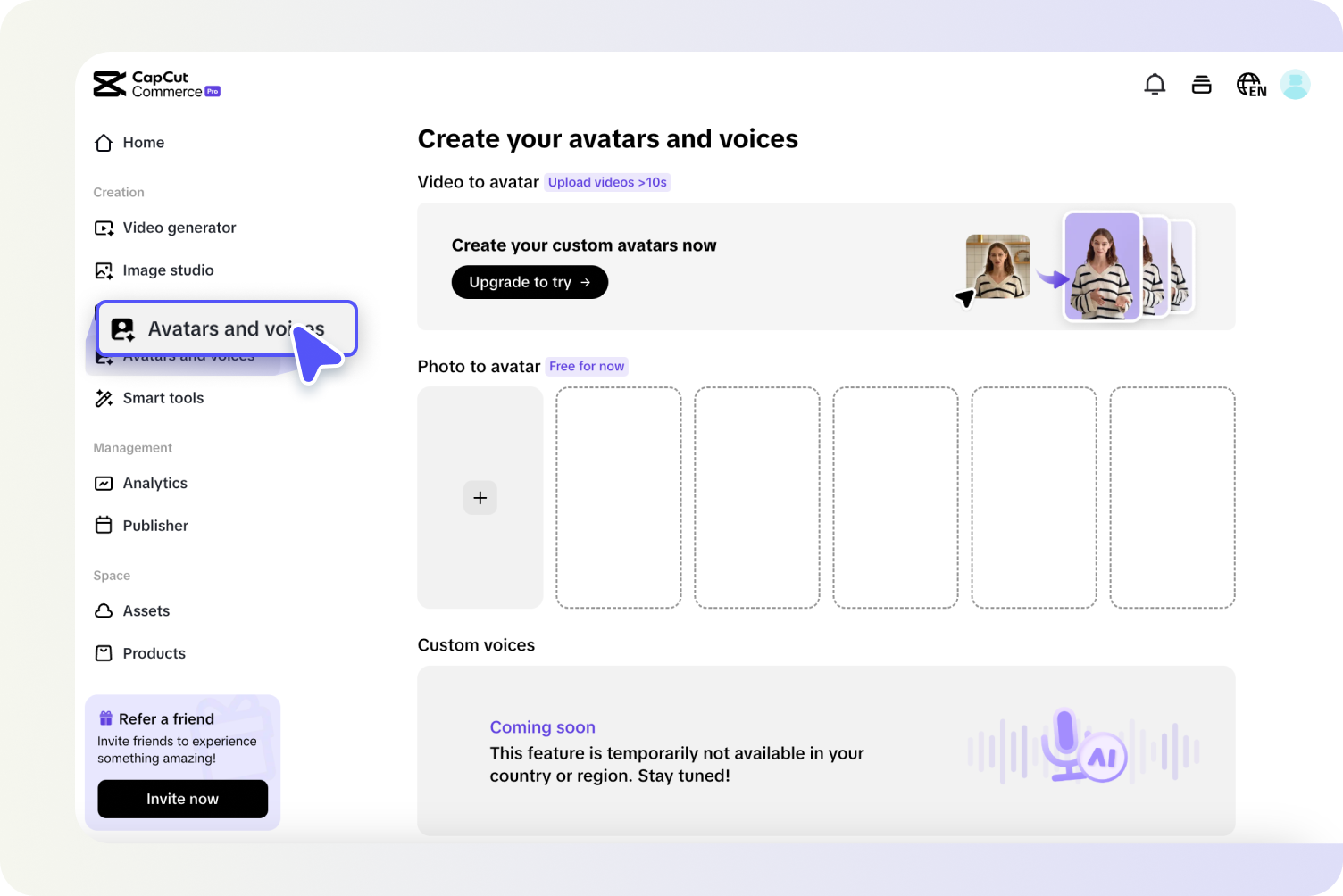 Avatar ve seslere erişin ve resminizi yükleyin