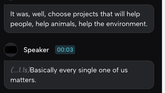 CapCut transcript retaining a 1.1 second pause before the interview's concluding statement