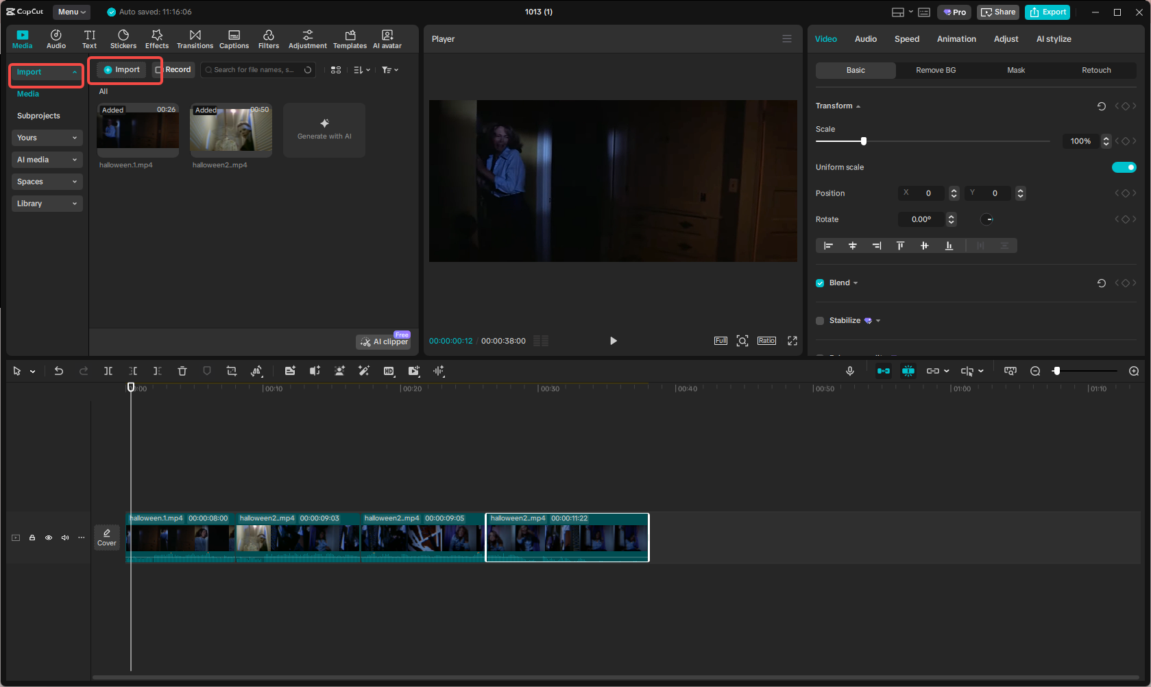 Importing the Halloween movie media into CapCut