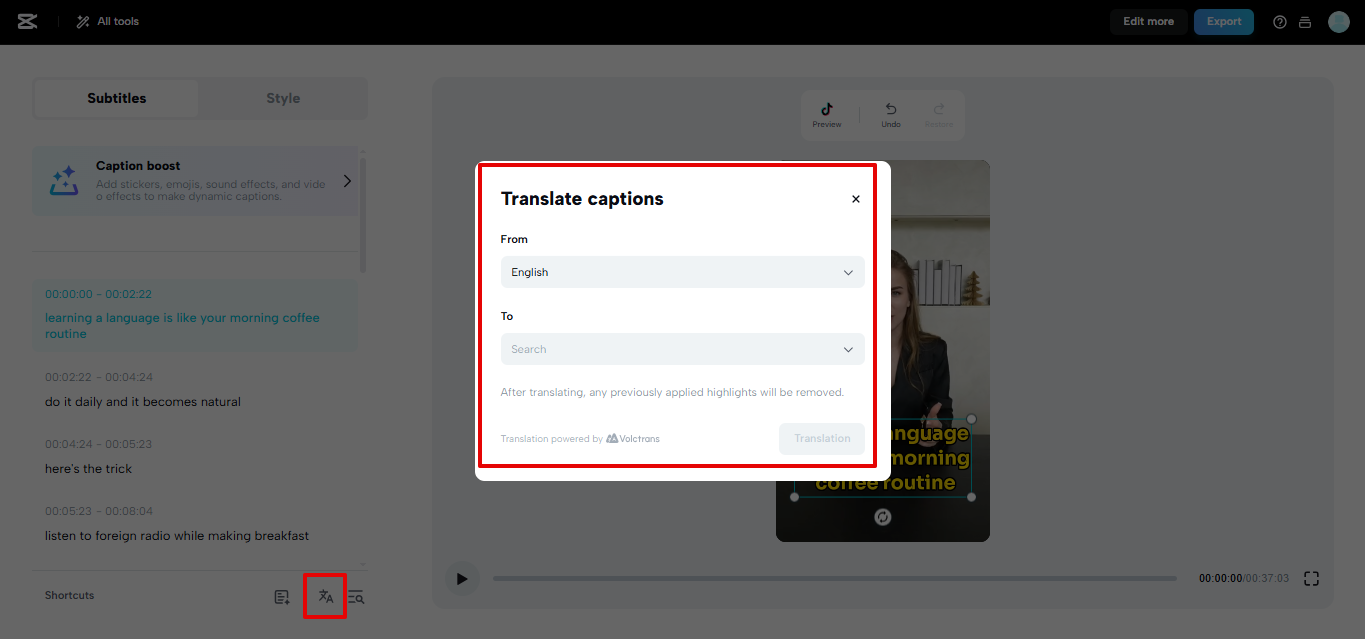 CapCut Web быстрый перевод субтитров