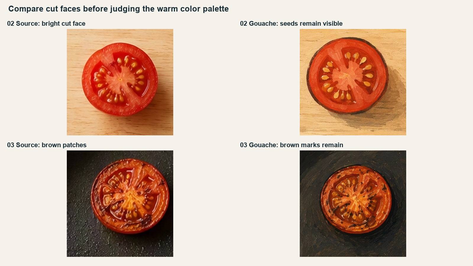 Enlarged photographic and illustrated tomato faces from the cutting-board and pan steps, showing the difference in surface browning.