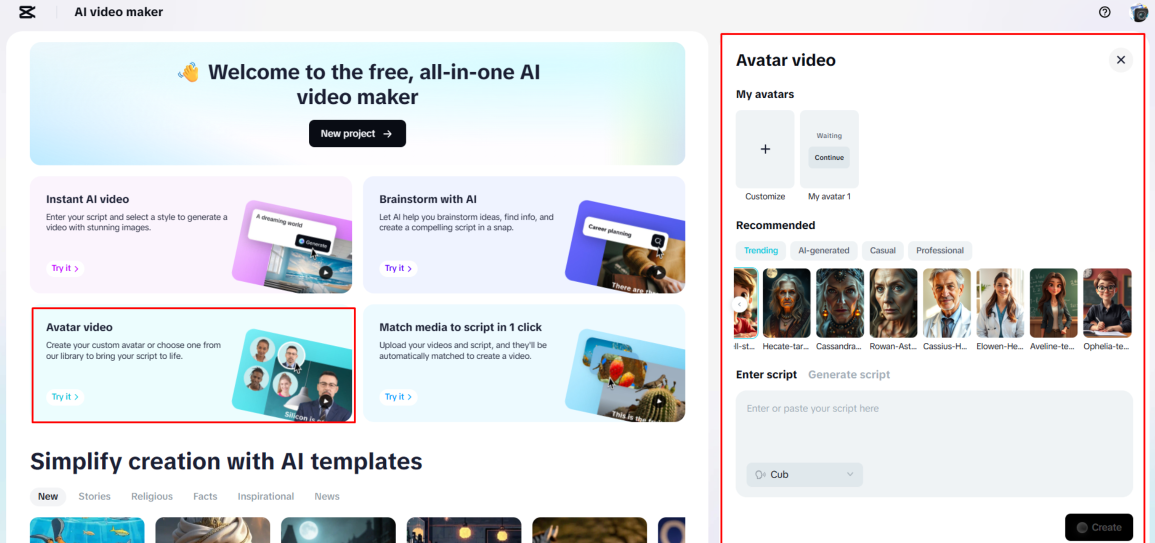 Generating a script and a video in CapCut Web