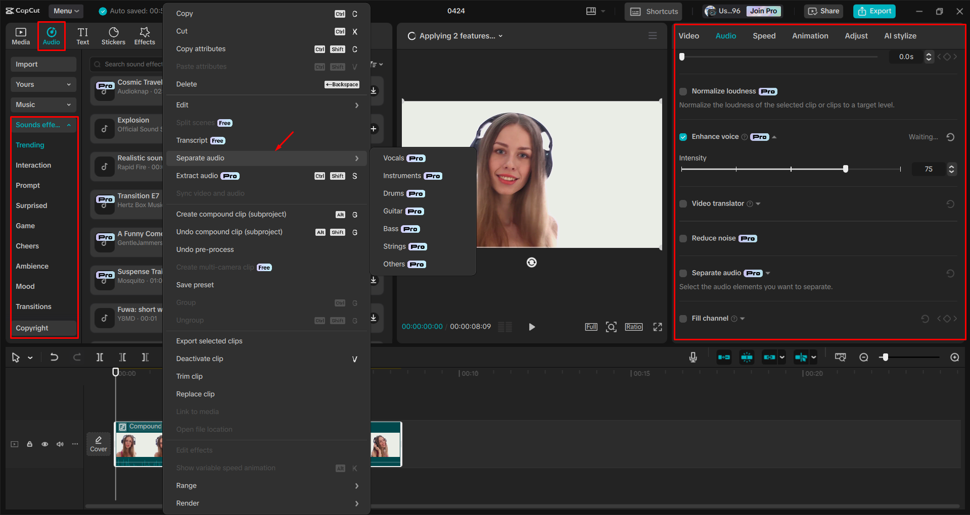 Separating audio from a video in the CapCut desktop video editor