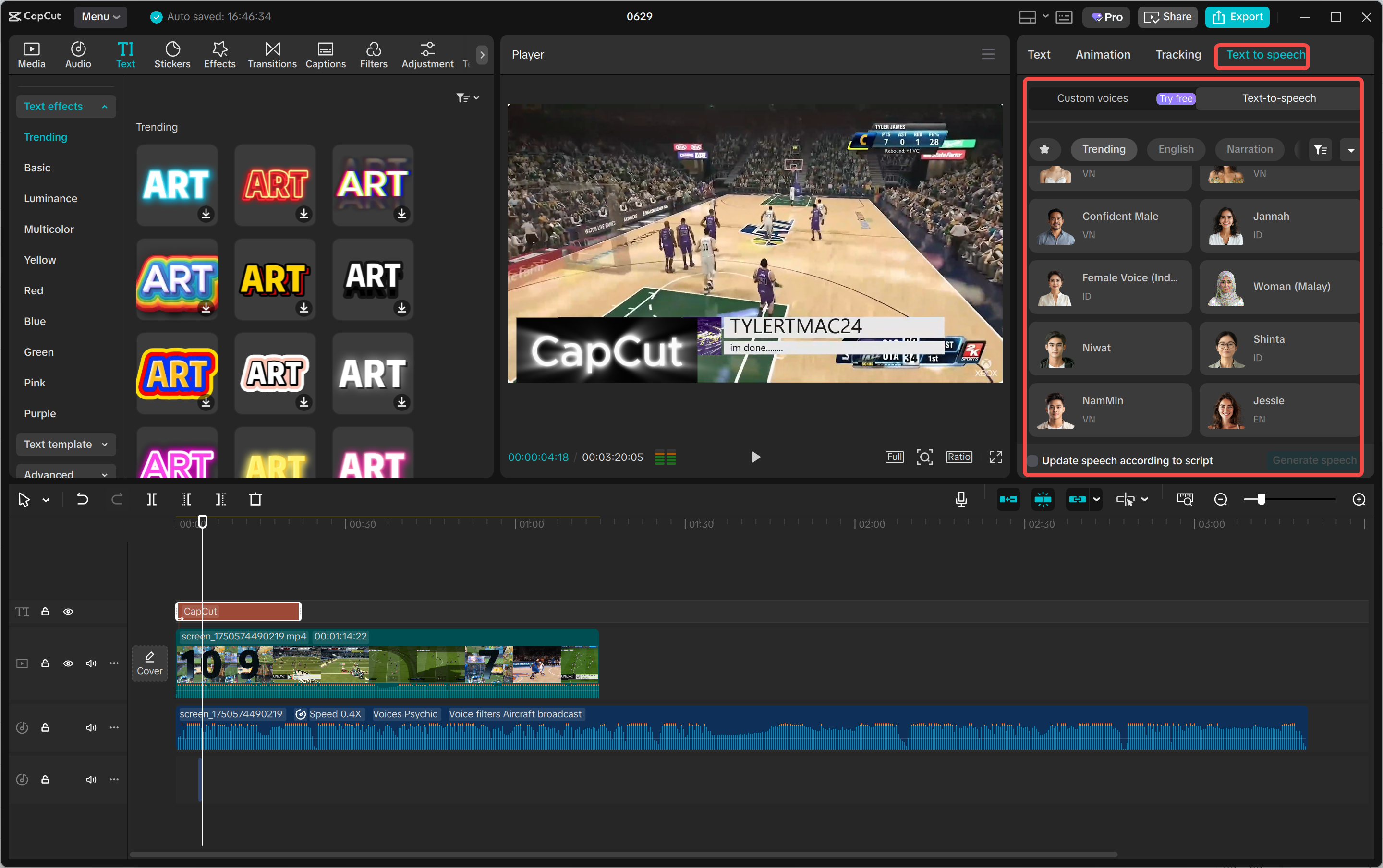 Text input area in CapCut for pasting or writing a script for TTS.