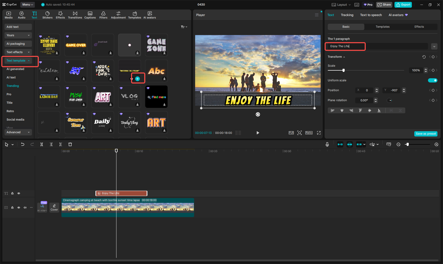 Using the text templates in CapCut