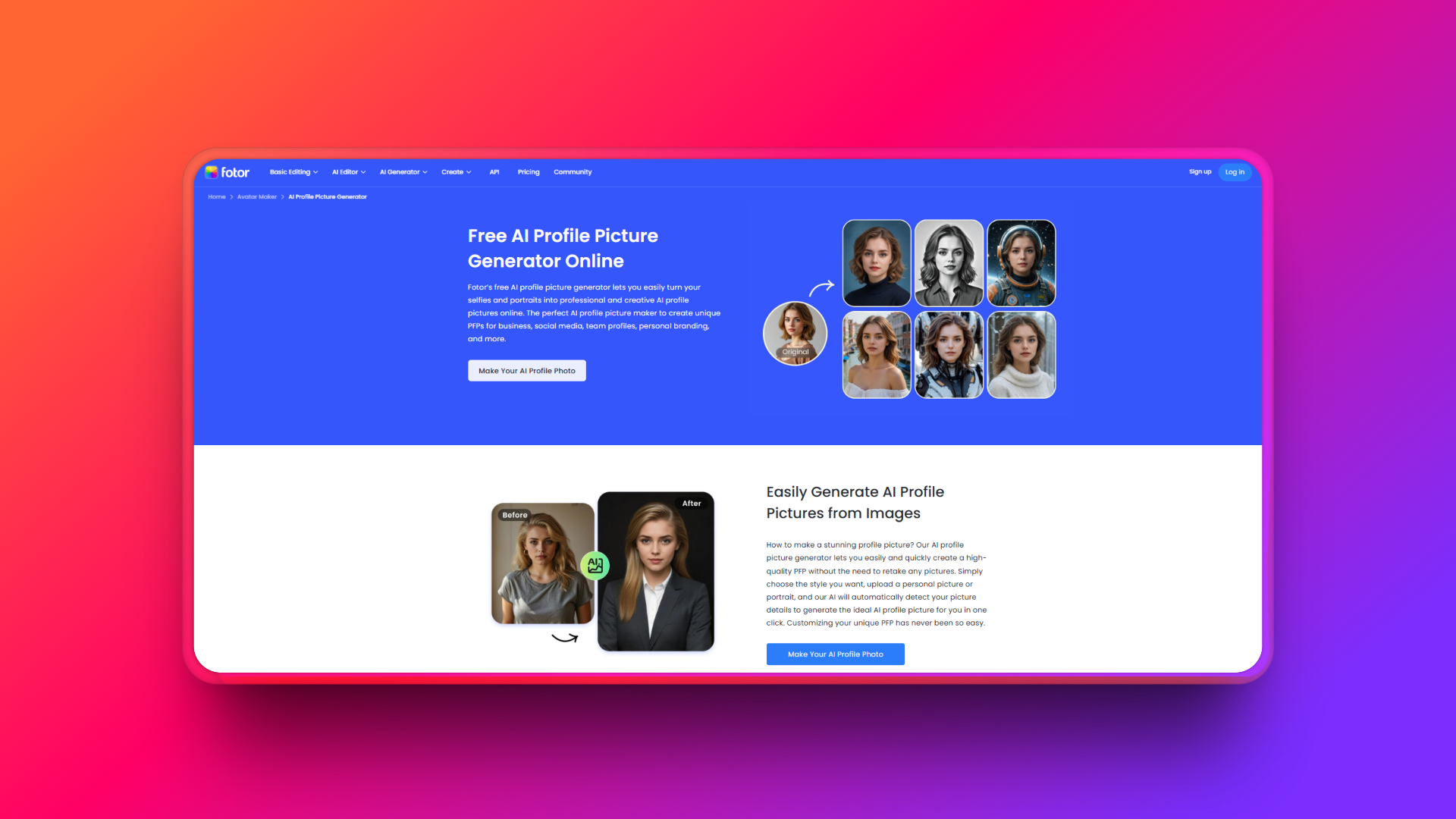 Create AI profile pictures using Fotor