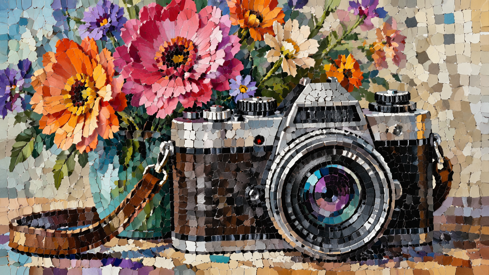 Dreamina Foto Mosaik Effekt prompt Beispiel 5: Lebendiges Mosaik Stillleben