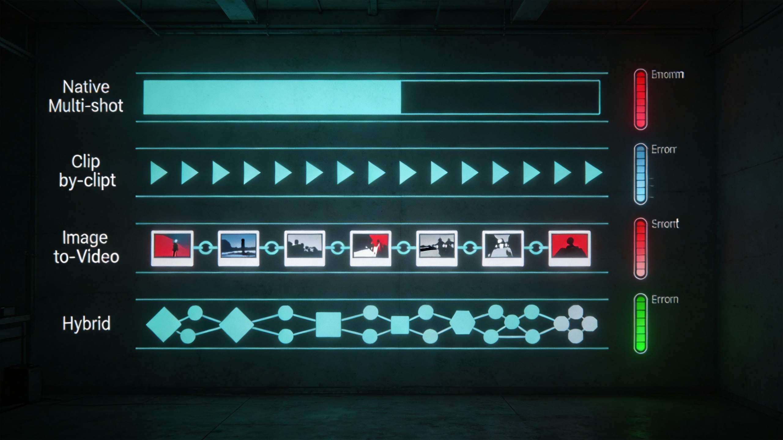 Chart comparing Native Multi-shot, Clip by-clip, Image to Video, and Hybrid with error bars