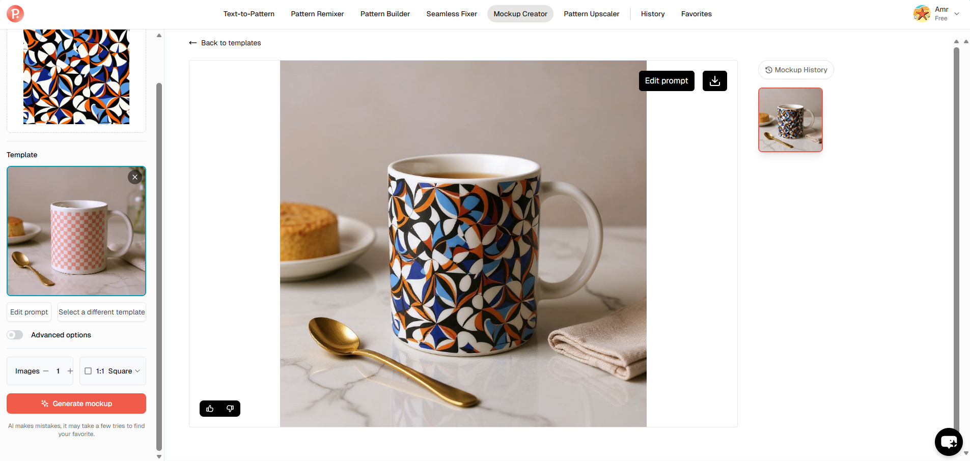 Patterned AI mug mockup interface