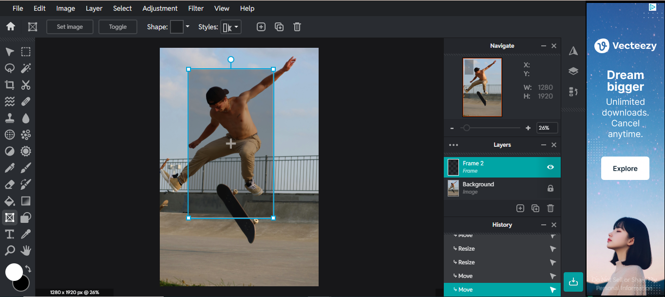 Interface of Pixlr - a well-known platform to get frames for photo editing