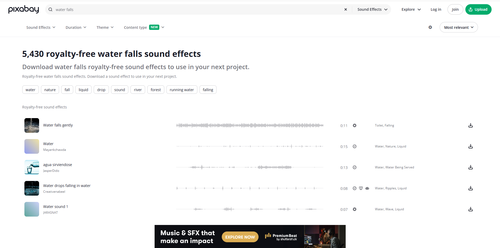 Interface of Pixabay - another site to download waterfall sound effects