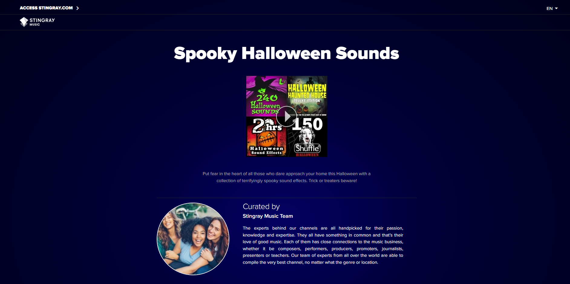 Interface of Stingray Music - another site to get free Halloween sound effects