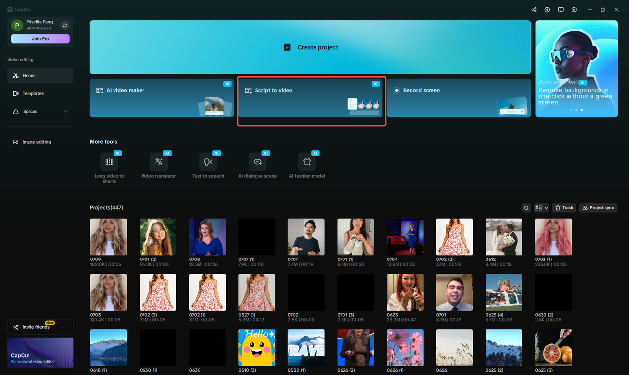 Výběr funkce „Skript na video“ v aplikaci CapCut