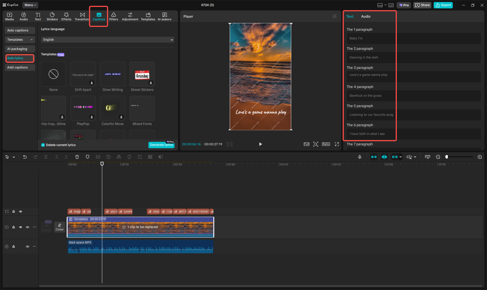Edit the lyric reel