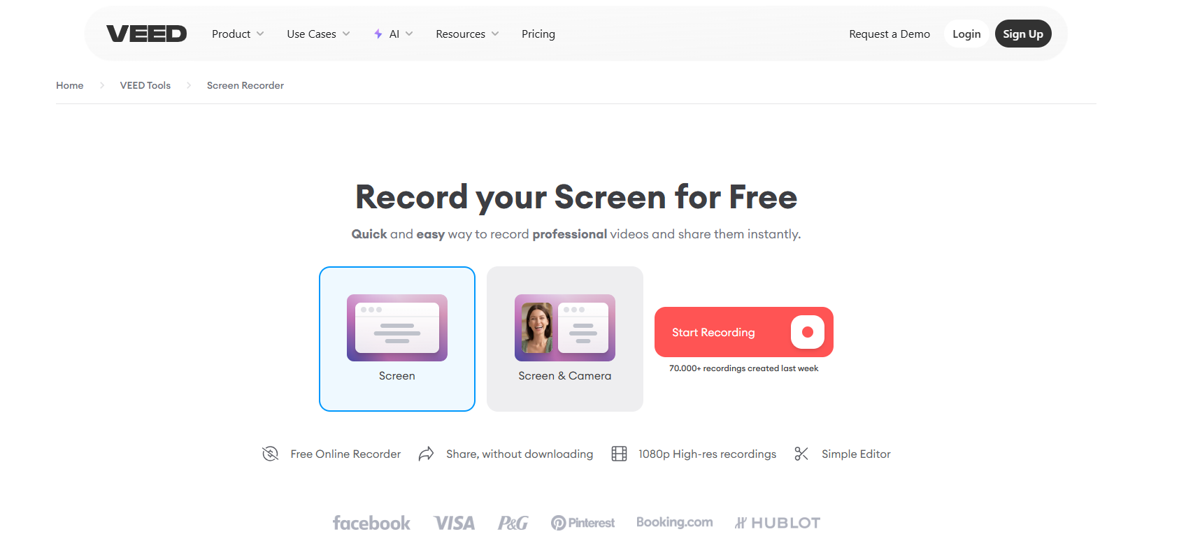 Veed screen recorder captures your screen and webcam, or records audio