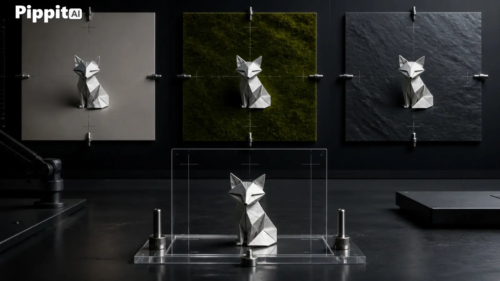 Geometric silver fox displayed on four different textured panels and a clear stand
