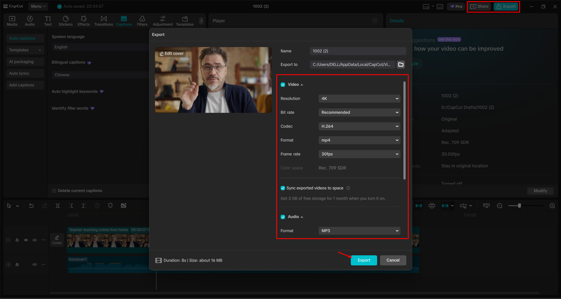 Exporting a video from the CapCut desktop video editor