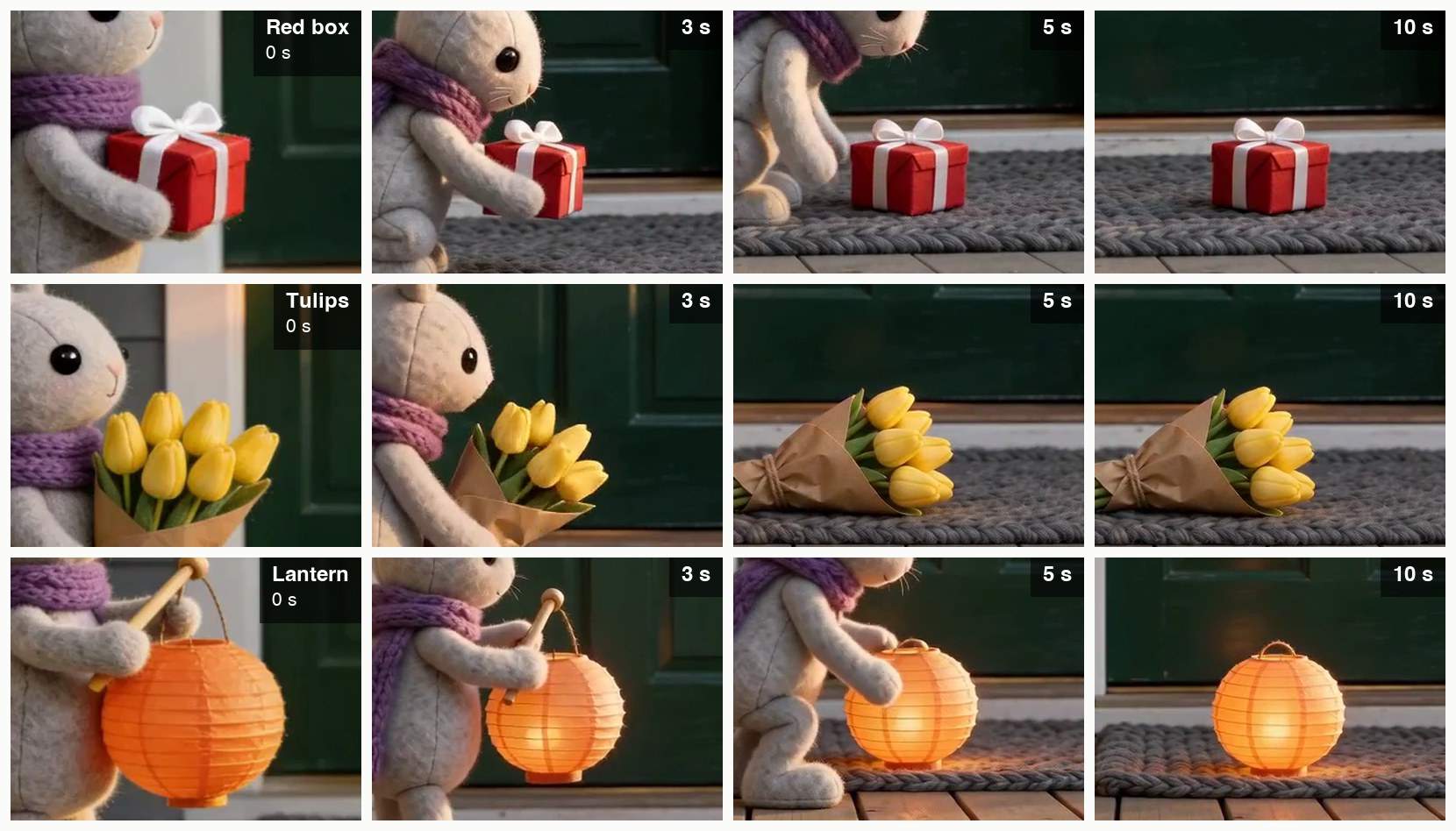 A grid of twelve close-ups, one row per gift and one column per time. Row one, the red box with a white ribbon: carried in the doll's arms at 0 seconds, held out toward the mat at 3 seconds, just set down at 5 seconds, alone on the mat at 10 seconds. Row two, yellow tulips in brown paper: upright in the doll's arms at 0 seconds, tilted toward the mat at 3 seconds, lying on their side on the mat at 5 and 10 seconds. Row three, an orange paper lantern: flat orange in the doll's paws at 0 seconds, glowing from inside at 3, 5 and 10 seconds.