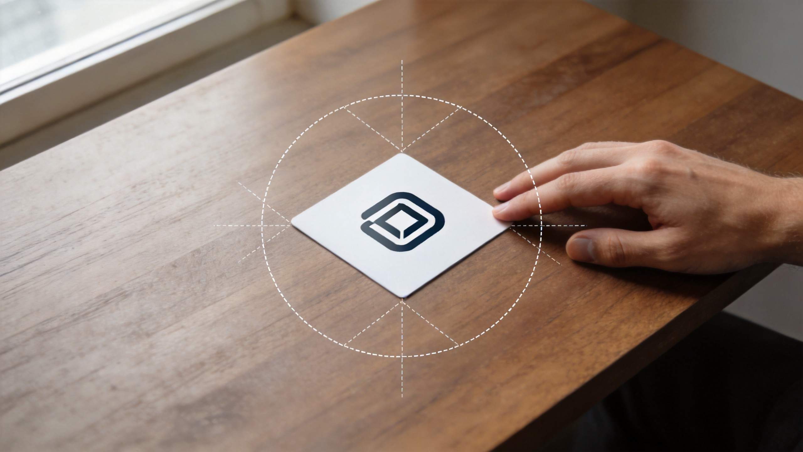 Hand placing a square logo card at the center of a circular alignment guide