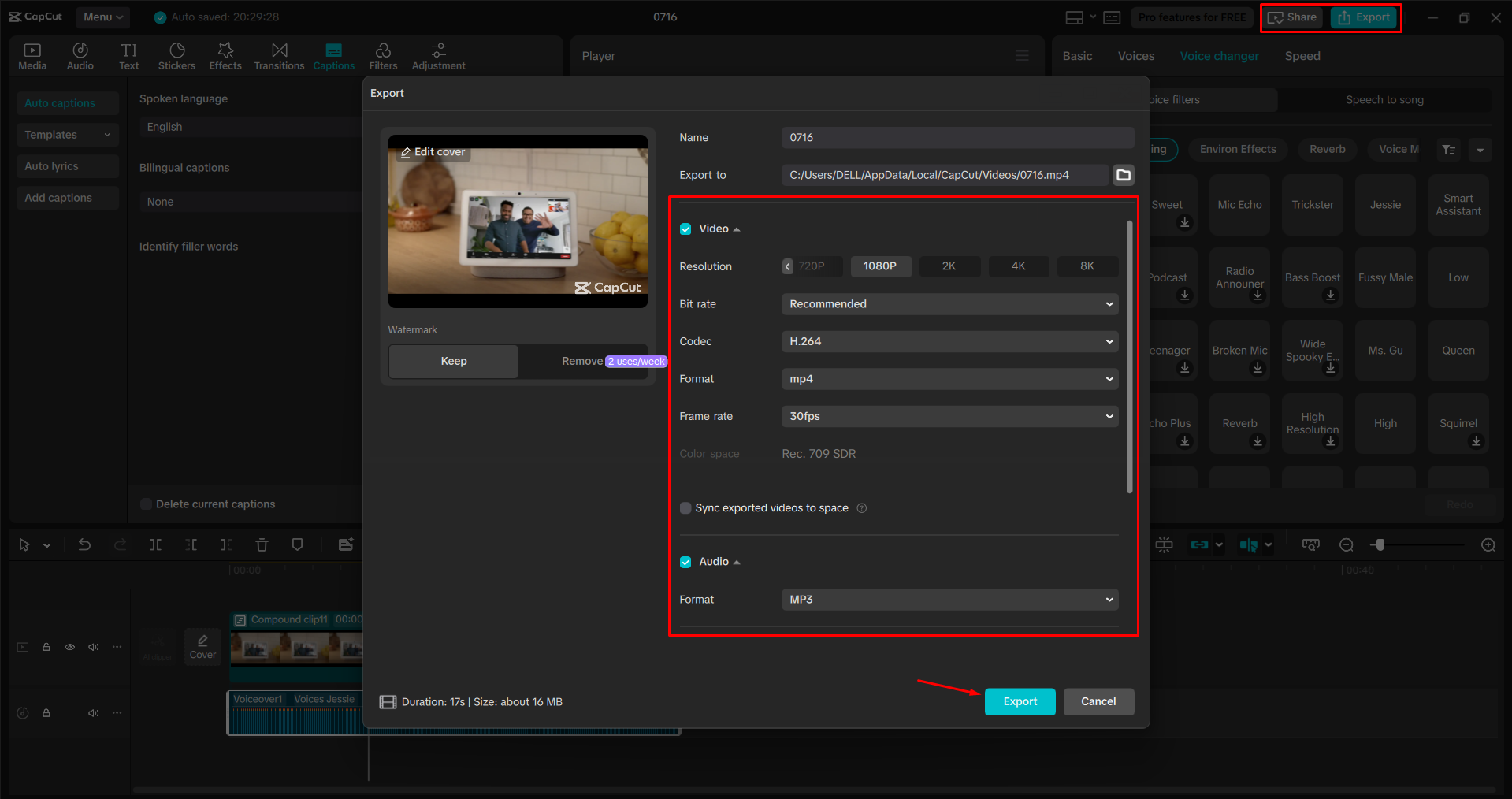 Exporting a video from the CapCut desktop video editor