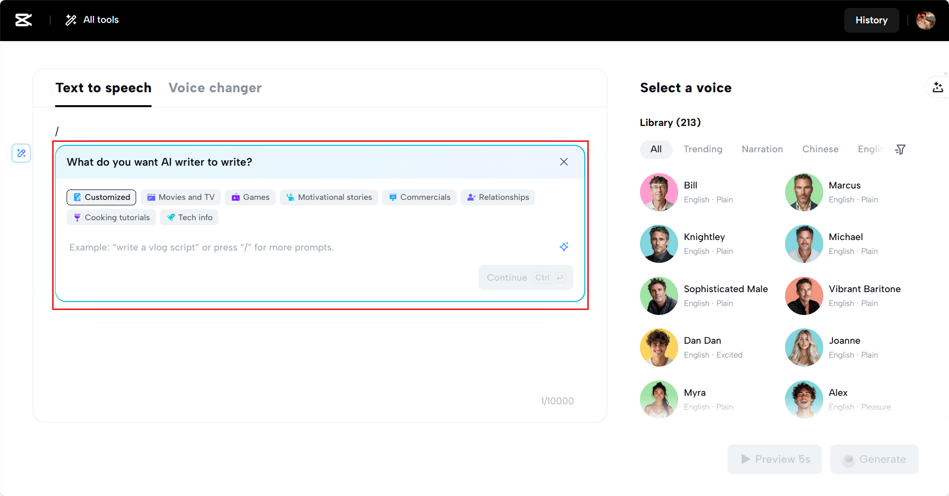acessando texto para fala e insira o roteiro no CapCut Web