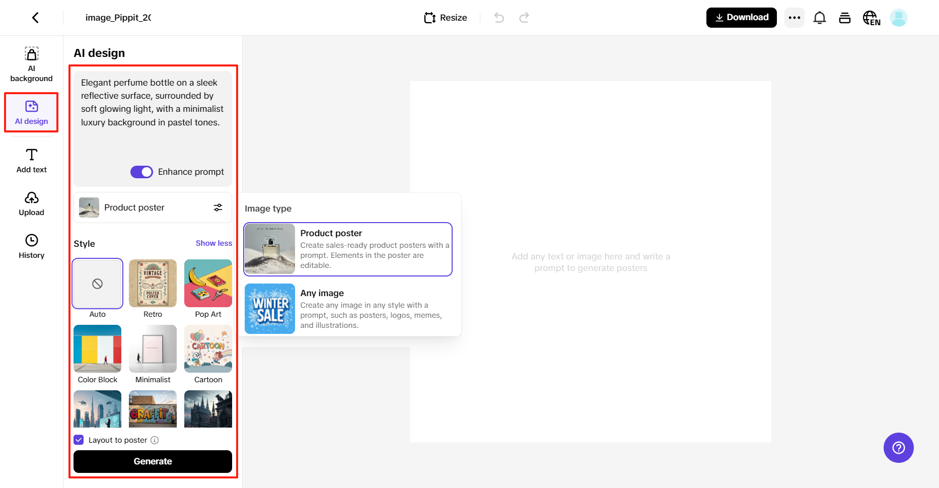 Enter promt, select image type & style and generate