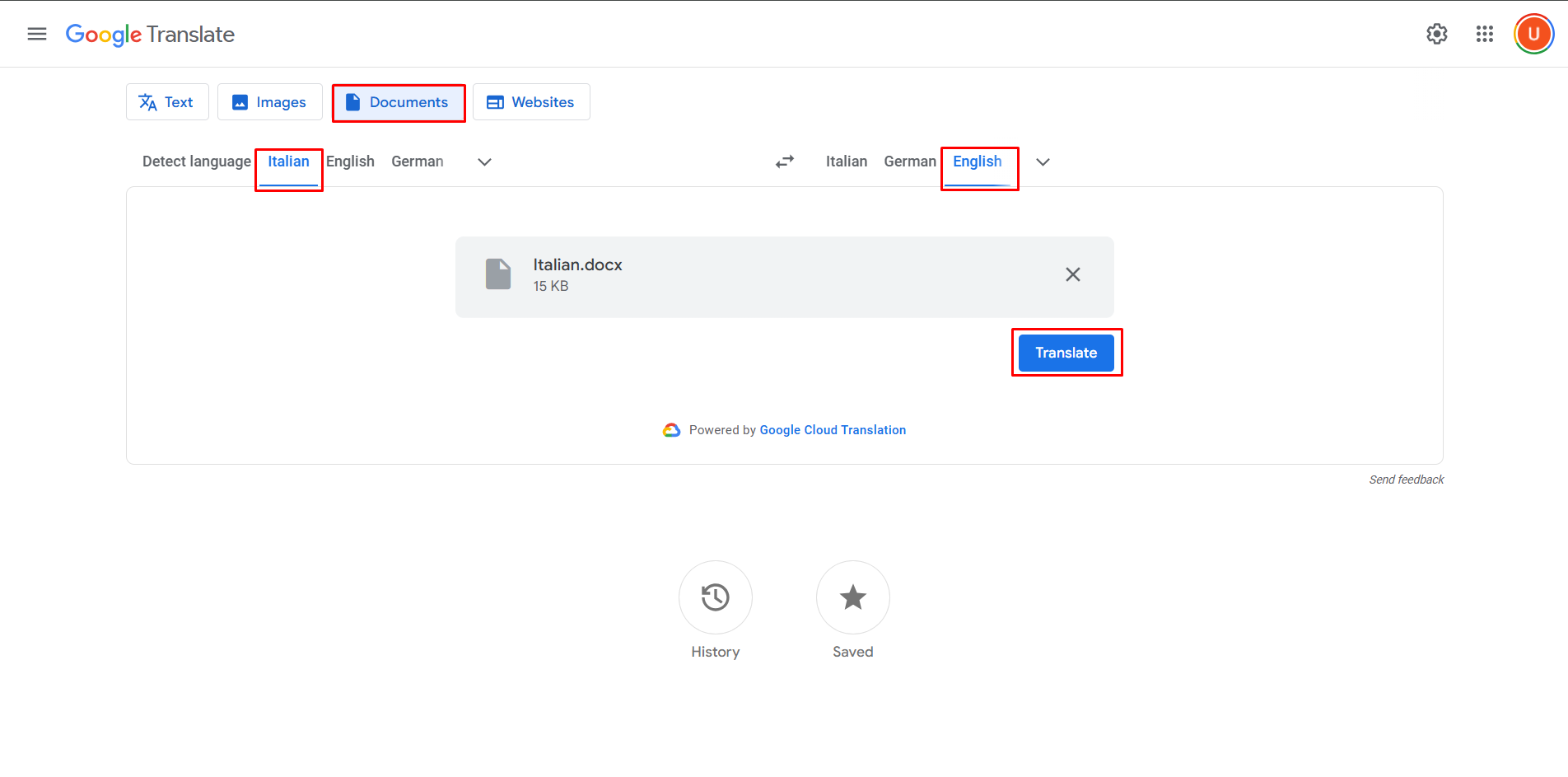 Converting Italian documents to English using Google Translate
