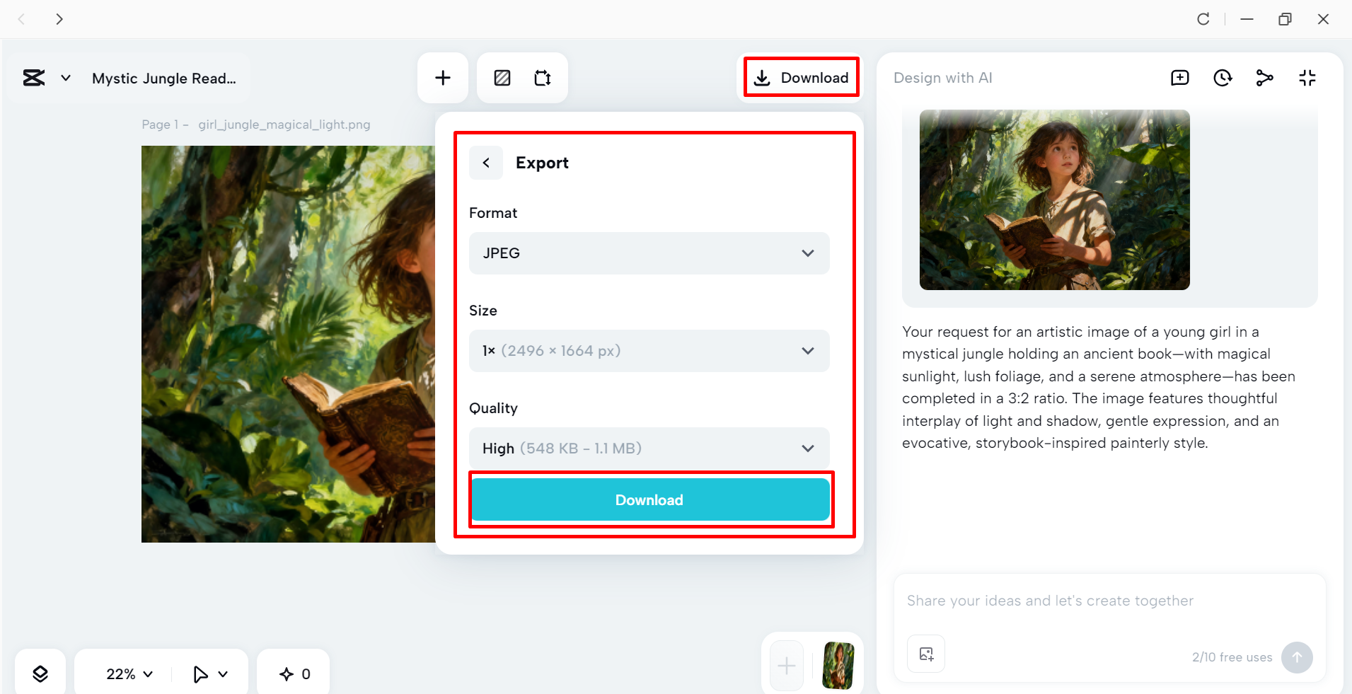 Downloading an image from the CapCut desktop video editor