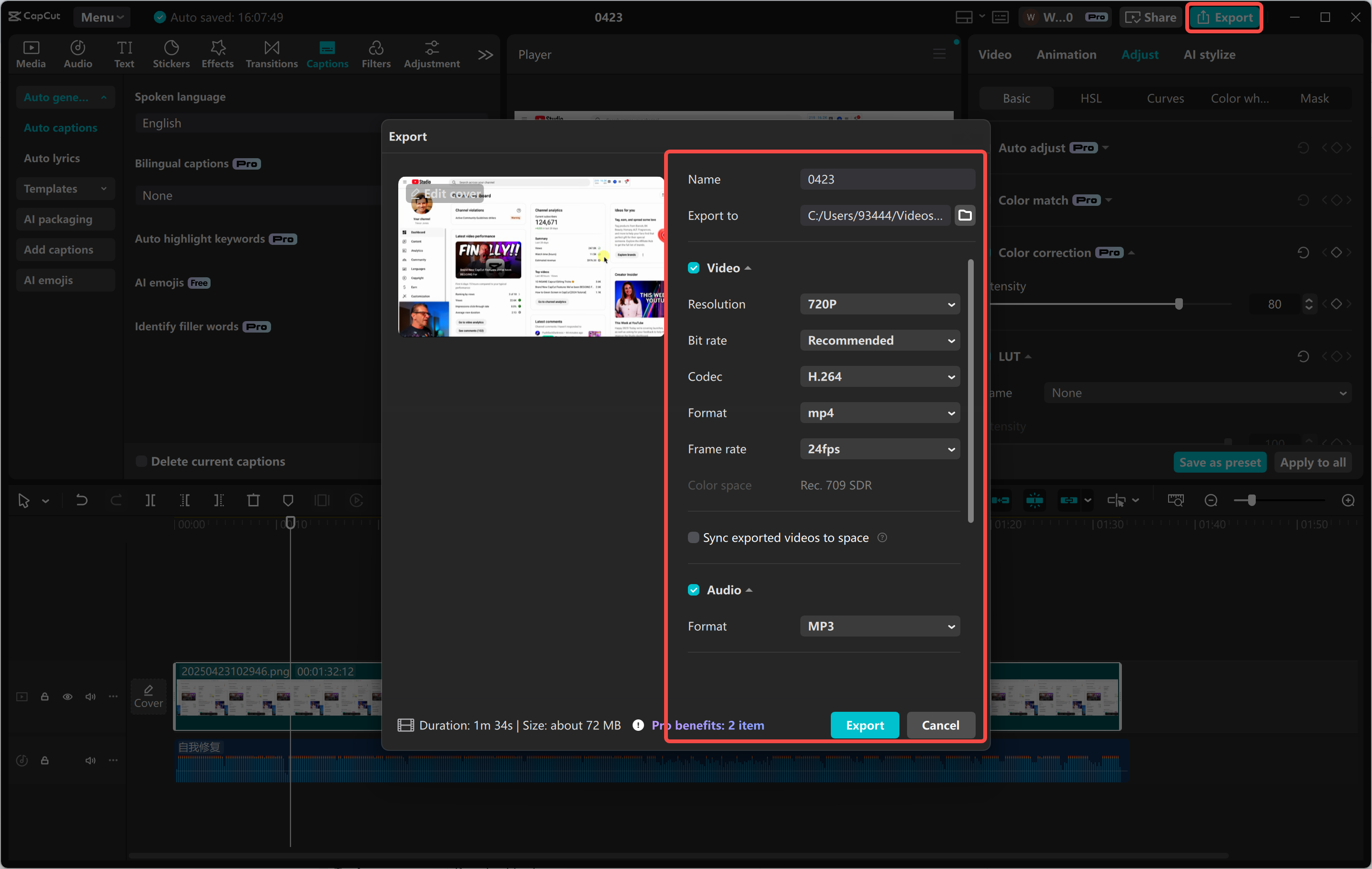 Exporting the recording from the CapCut desktop video editor