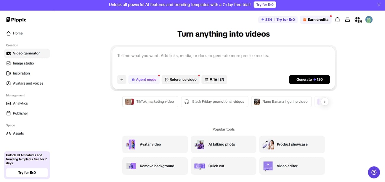 ferramentas de edição de vídeo pippit ia