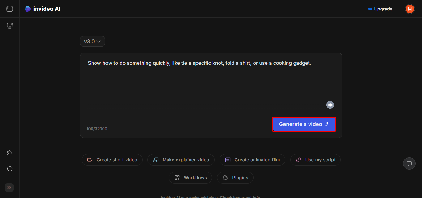 The interface of Invideo.ai - a reliable intro maker AI