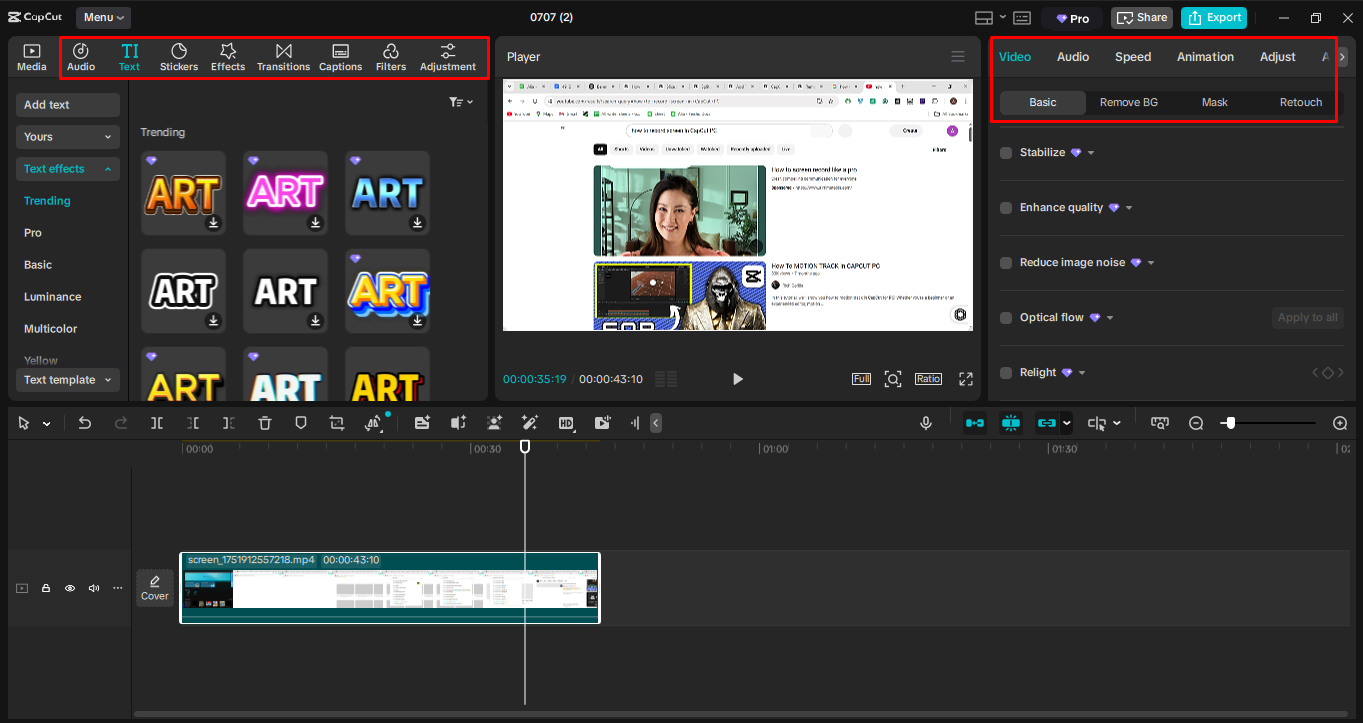 Redigera skärminspelningen i CapCuts stationära videoredigerare