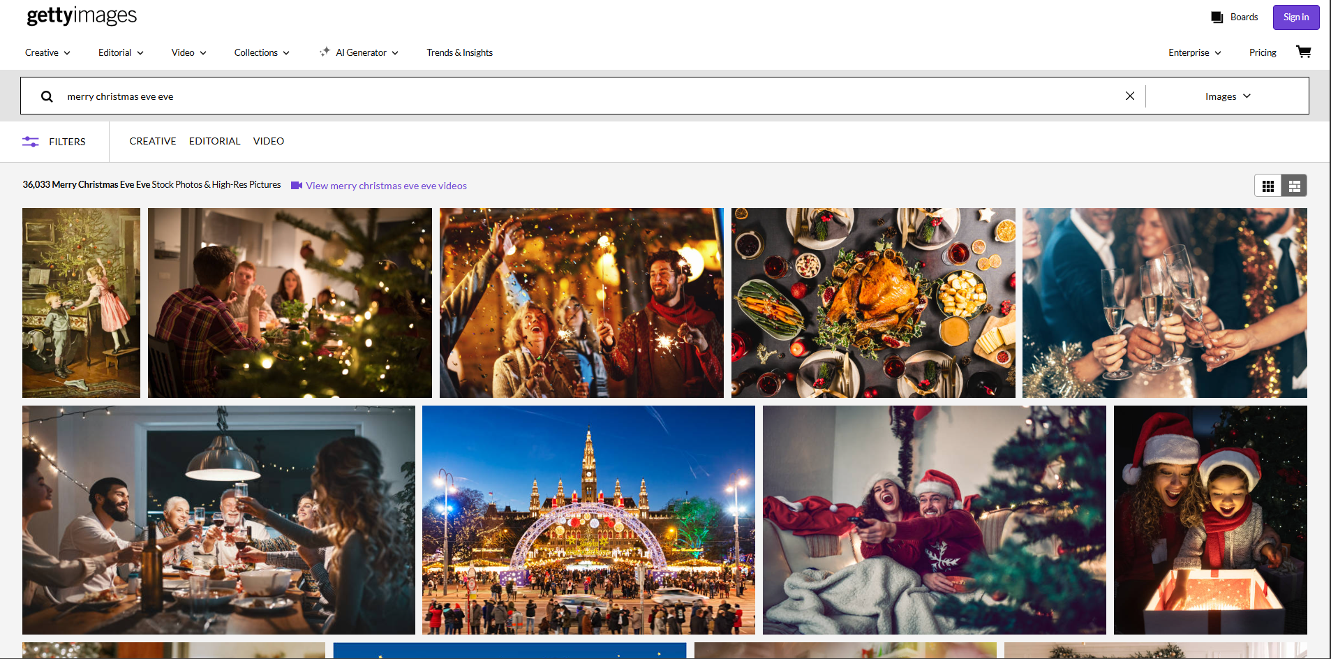 Interface of Getty Images - another resource for Christmas Eve images