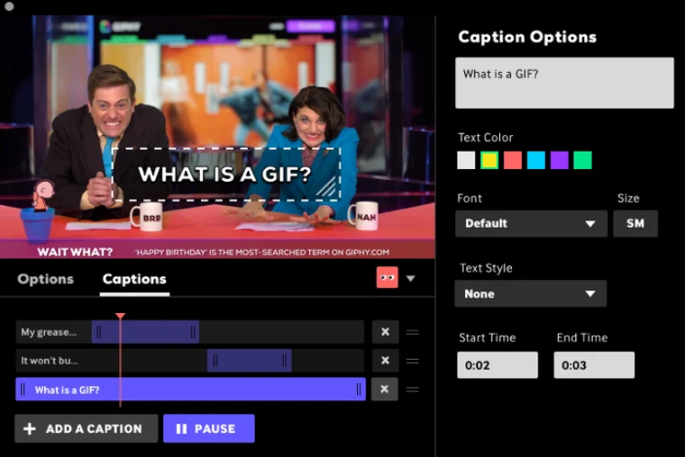 Interface ng Giphy - isang kilalang GIF screen recorder