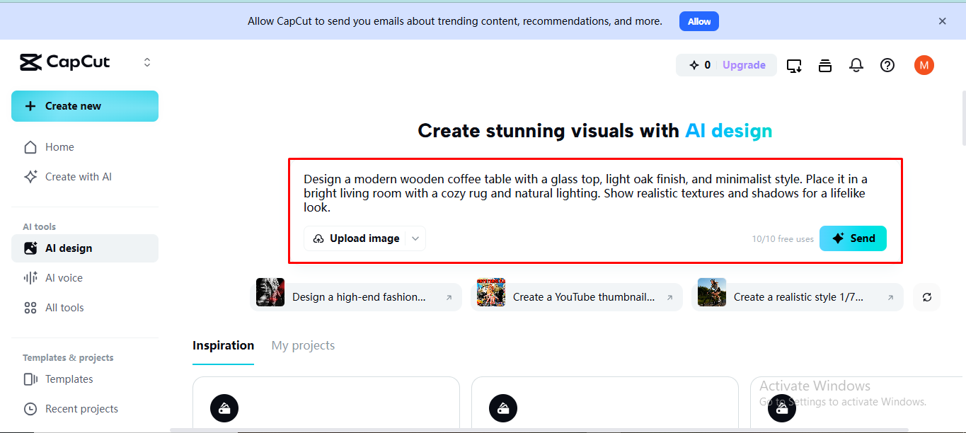 Entering the prompt on the CapCut desktop video editor